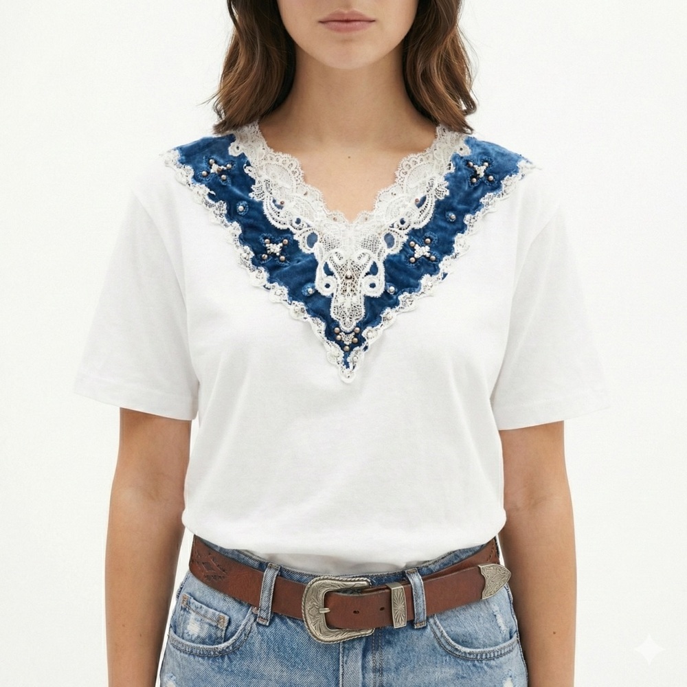 Cactus California Womens Lace Beaded Yoke Tee Made In USA Large